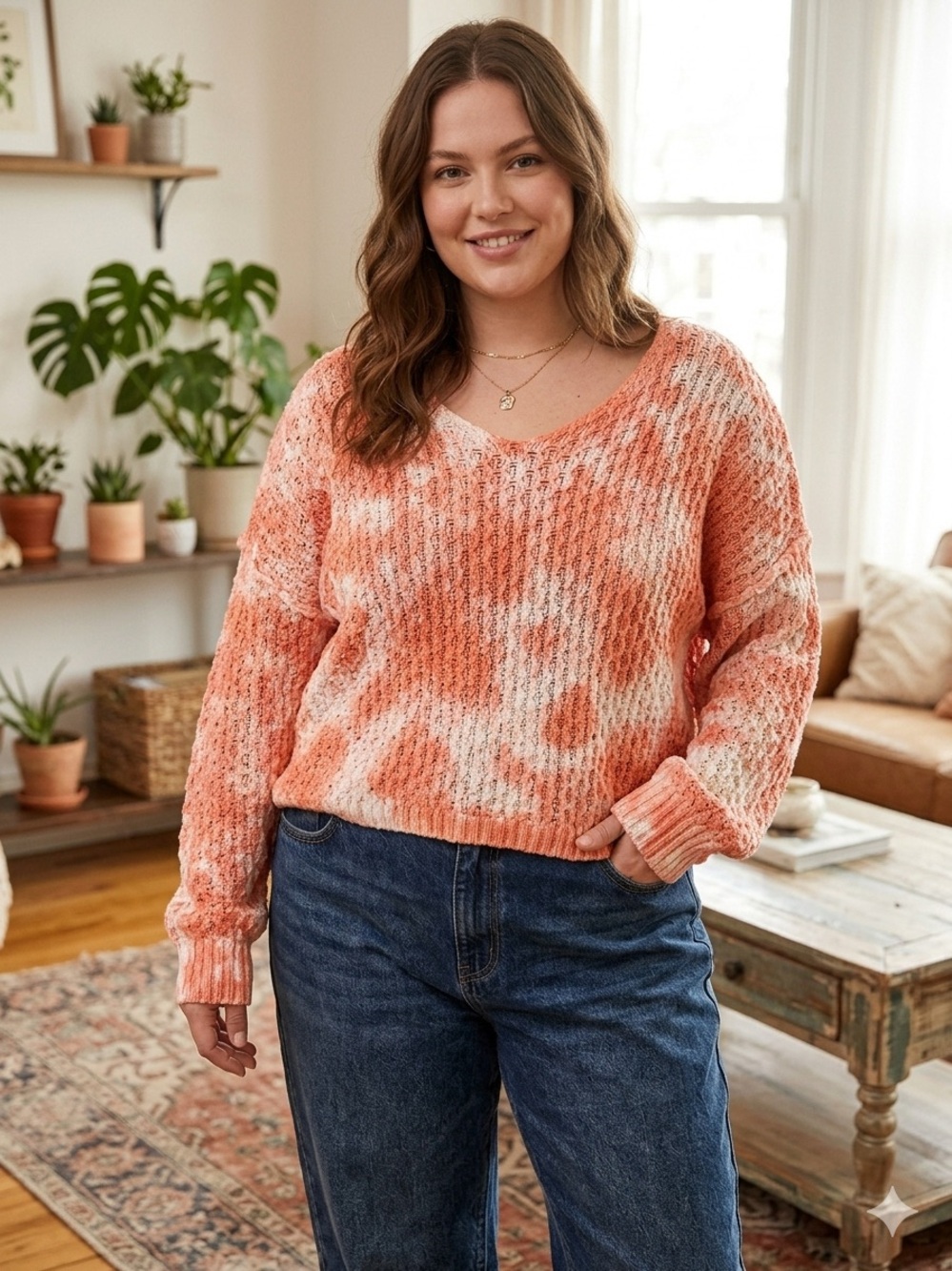 ANTHROPOLOGIE PILCRO Christian Tie-Dye V-Neck Coral Knit Sweater Womens Size XL